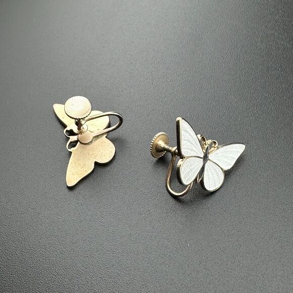 Vintage Silver-tone White Black Guilloche Enamel Butterfly Earrings Screw Back - Picture 8 of 10